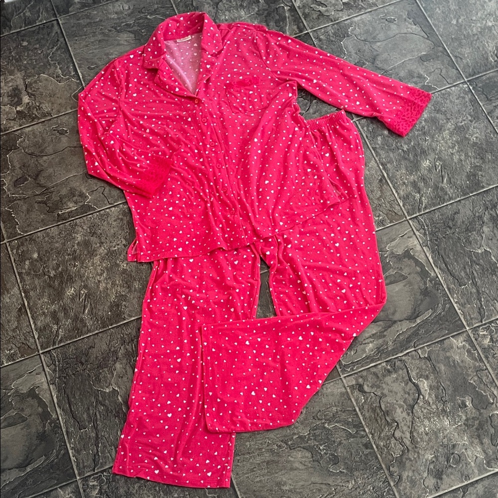 RHONDA SHEAR Pink & White Polka Dot Hearts Lace Coquette Cottagecore  Pajama Set